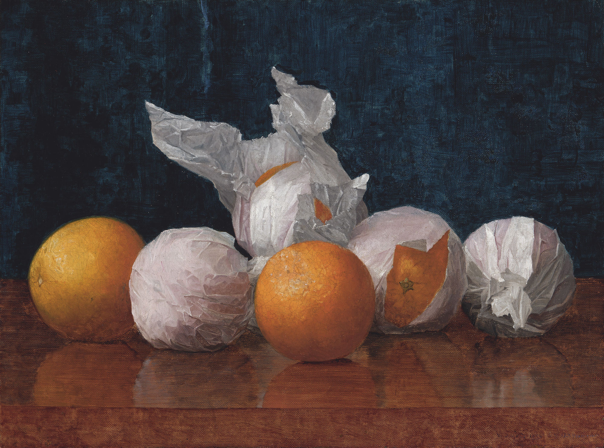 A still life oil painting of oranges, some wrapped in tissue paper, on a shiny mahogany table.