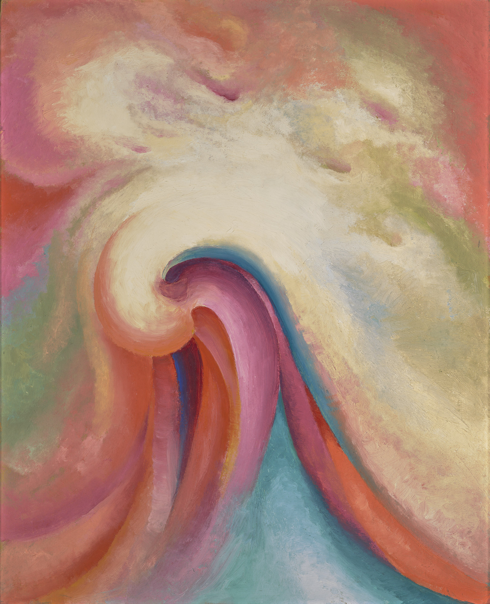 An abstract oil painting of pastel colored swirling waves that fill the paper.