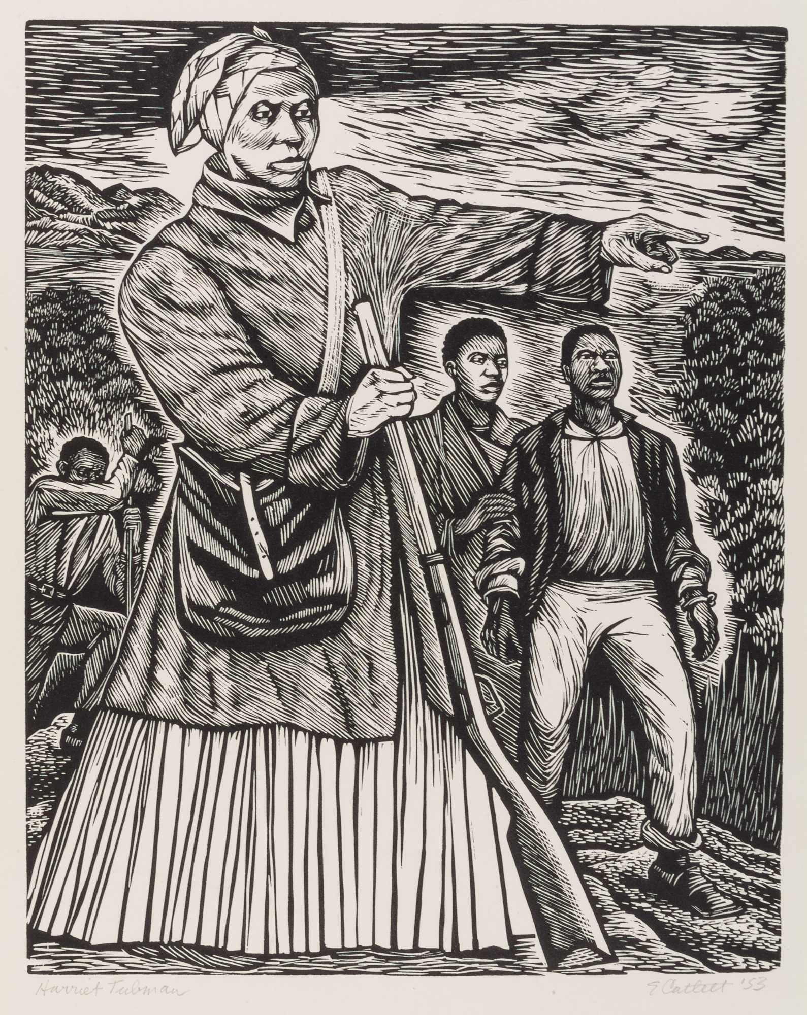 A black-and-white print of a Black woman holding a musket as a walking stick pointing the way for three Black figures behind her.