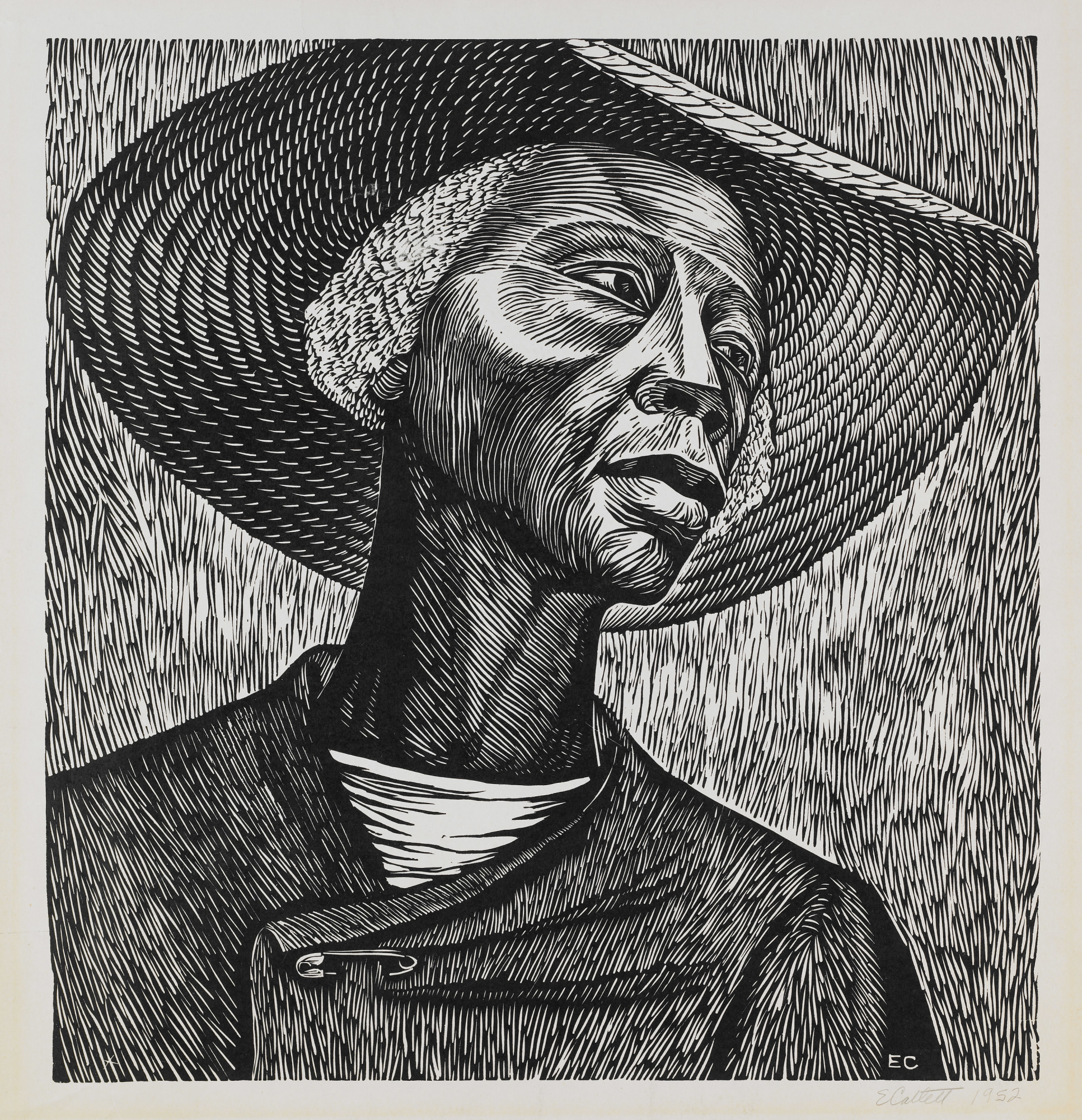 A black-and-white stylized portrait of a Black woman wearing a sunhat and a garment fastened with a safety pin at the neck.