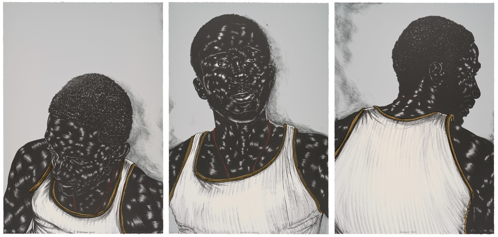 A triptych of a young Black man in various poses wearing a white tank top with gold accents.