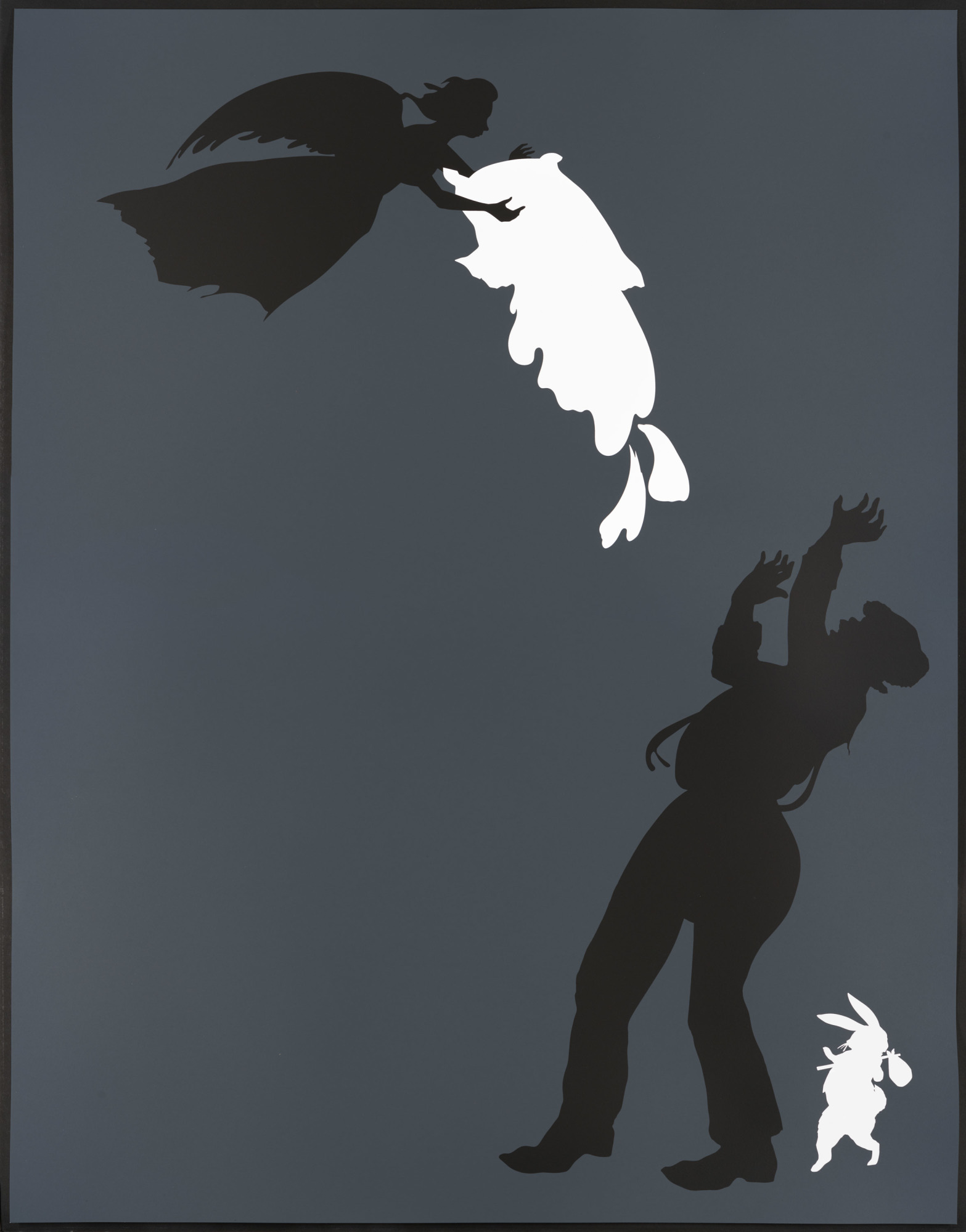 A color print of a black angel silhouette pouring a white abstract shape onto the black silhouette of a person with their arms raised next the silhouette of a white rabbit, all on a dark gray background.