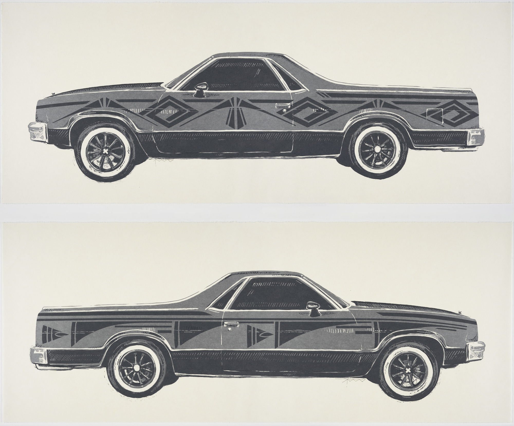 A black-and-white print of two El Camino-like cars, shown from the sides, with Native American designs on the doors and fenders.