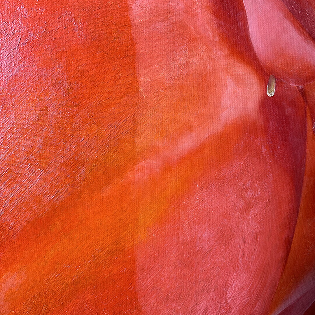 A detail of an oil painting showing the contrast between clean and uncleaned sections of paint.