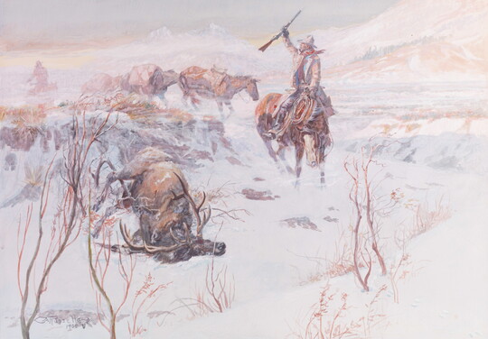 A watercolor of a man on horseback on windy, snowy day, holding a rifle over his head near an elk he just shot.