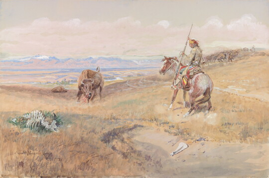 A watercolor of a mounted Native American confronting a steer.