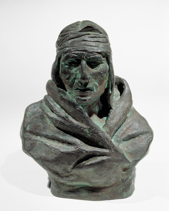 A bronze bust of a Native American man wrapped in a blanket.