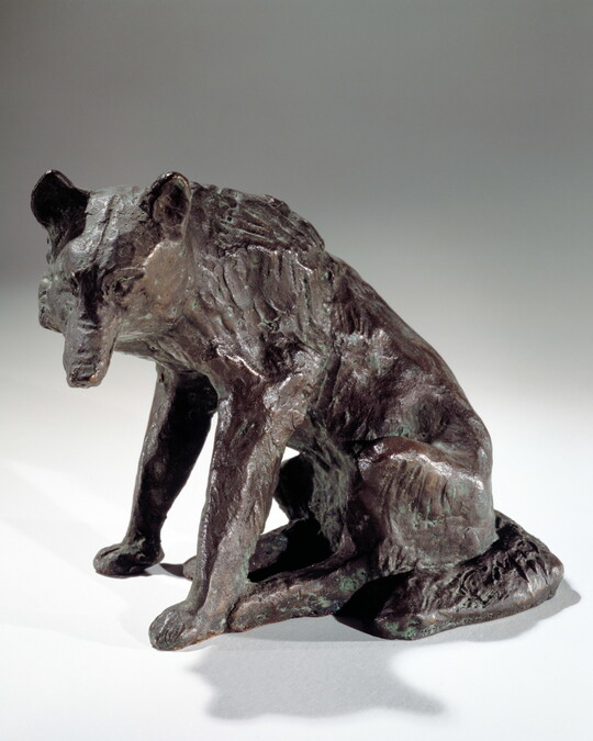 A bronze sculpture of a sitting coyote.