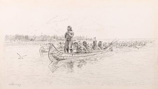 A black-and-white drawing of Native Americans rowing canoes on a lake; a White explorer standing at the front of the canoe in the foreground.