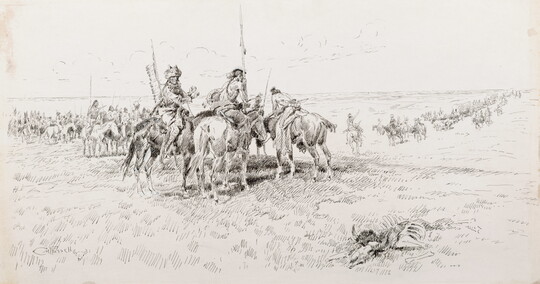 A black-and-white drawing of a large group of Indigenous people on horseback watching a line of settlers on horseback and in wagons in the distance.