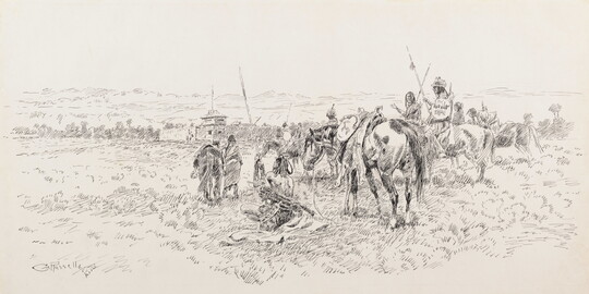 A black-and-white drawing of a group of Indigenous people, some on horseback, looking at a walled fort in the distance.