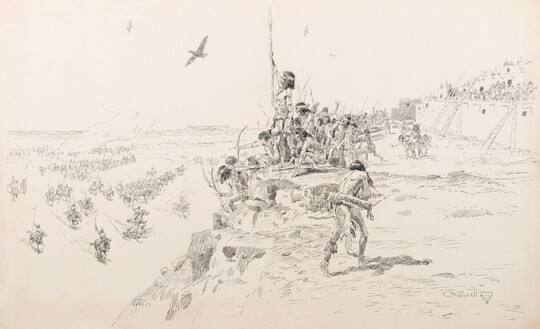 A black-and-white drawing of Indigenous people, some with spears and bows and arrows, on a cliff watching riders on horseback coming toward them.