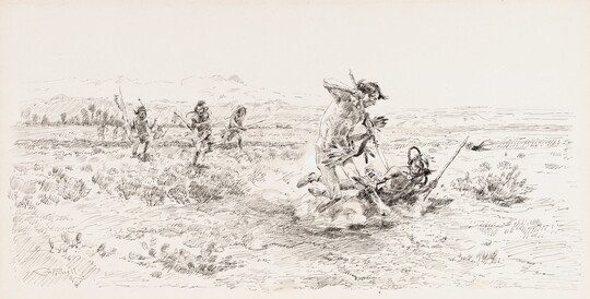 A black-and-white drawing of a Native American man in combat with another as three men run toward them.