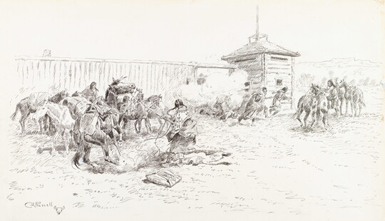 A black-and-white drawing of soldiers bursting into a military fort housing Native Americans and horses.