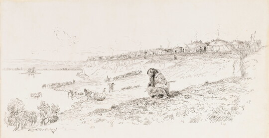 A black-and-white print of an Indigenous person sitting riverside with a village in the background.