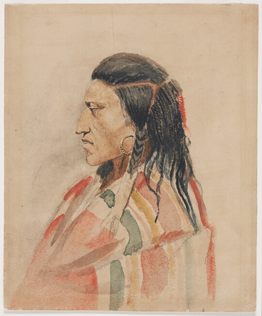 A watercolor portrait of an American Indian man in profile; his dark hair arranged in braids and a colorful cloth wrapped around his shoulders.