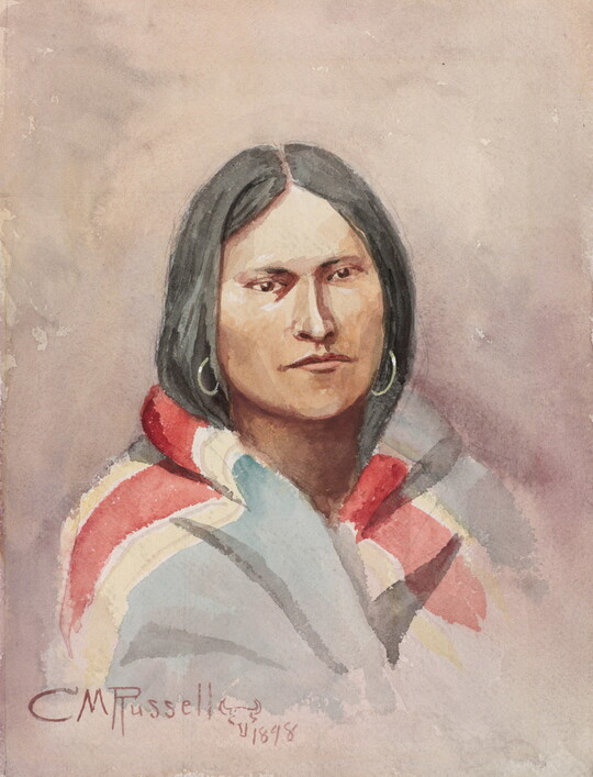 A watercolor portrait of an American Indian woman from the shoulders up, with dark hair, hoop earrings, and a colorful cloth around her shoulders.