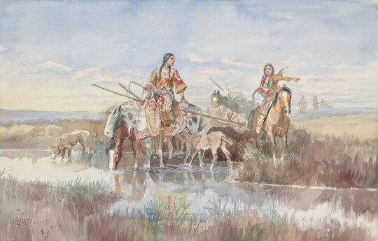 A watercolor of two Native American women on horseback crossing a stream with their child, horses, and belongings.