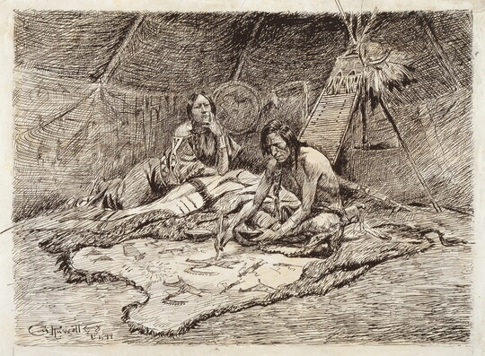 A black-and-white drawing of two Indigenous people sitting in a tipi painting on a hide.