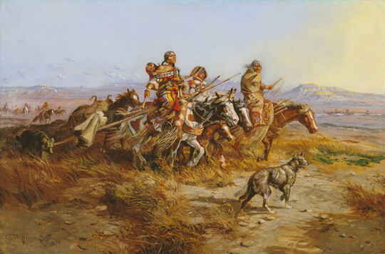 An oil painting of Indigenous women on horseback riding across the plains with mountains in the background.