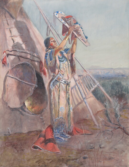 A watercolor of a Native American woman standing outside of a tipi, holding her baby in a cradleboard up to the sun.