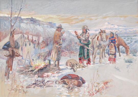 A watercolor of a Native American family greeting a cowboy at a campsite on a snowy day.