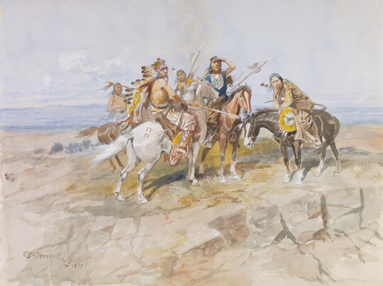 A watercolor of Indigenous people on horseback looking off in the distance.