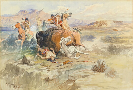 A watercolor of Indigenous people on horseback coming to help another man and his horse who are about to be trampled by a bison.