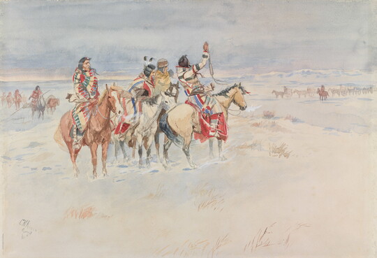 A watercolor of four Native American figures on horseback looking toward riders in the distance.