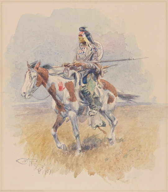 A watercolor of a Native American warrior riding an appaloosa horse.