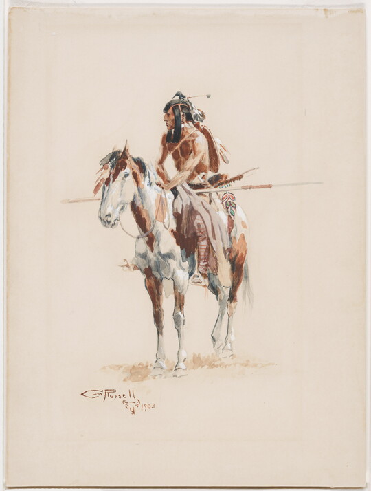 A watercolor of an Indigenous man on horseback dressed in regalia.