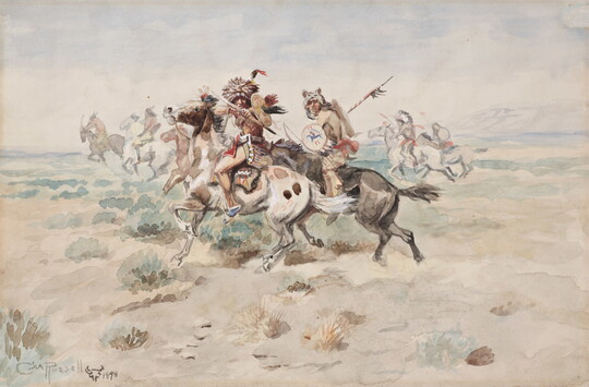 A watercolor of Indigenous figures wielding weapons on horseback as one points a bow and arrow directly at the viewer.