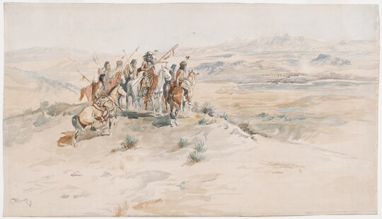 A watercolor of a group of American Indians on horseback on a desert bluff scouting a herd of bison in the distance.