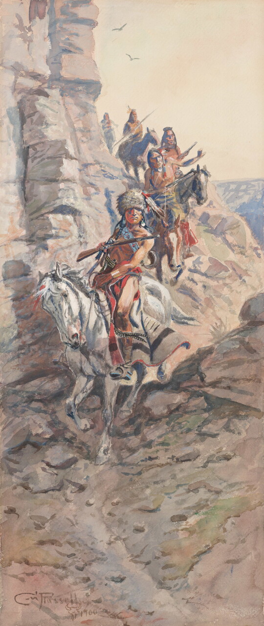 A watercolor of Indigenous people riding their horses on a cliffside.