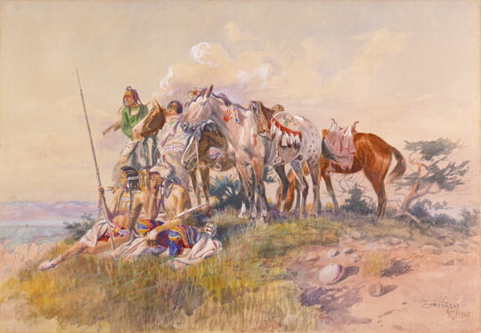 A watercolor of a small group of Indigenous people with their horses atop a hill looking off into the distance.