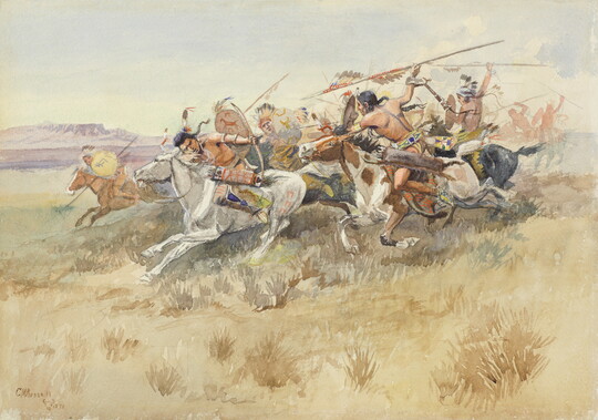 A watercolor of a group of Indigenous people on horseback engaged in battle with spears and bows and arrows.