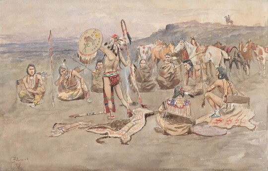 A watercolor of a group of Native American figures seated outdoors around a standing man in a headdress, holding a shield and staff.