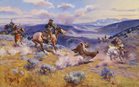 An oil painting of many cowboys on their horses roping a bear in the mountains.
