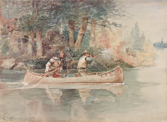 A watercolor of two men in a canoe, one of whom is taking aim with his gun at an elk on shore.