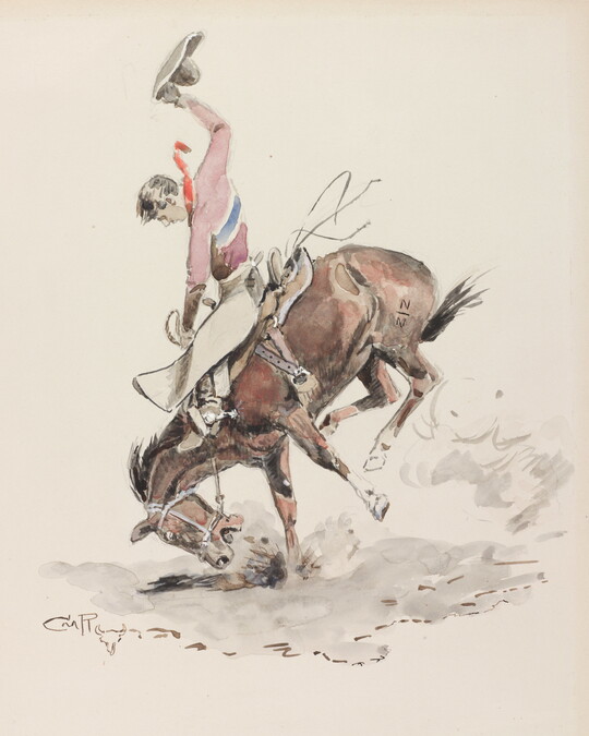 A watercolor of a White cowboy, holding his hat in the air, riding a bucking horse.