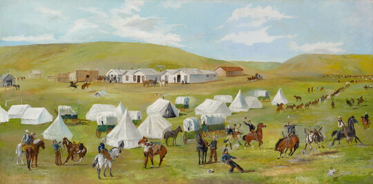An oil painting of cowboys tending to horses on green plains with various tents and structures in the background.