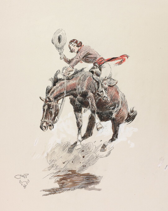 A watercolor of a White woman holding a cowboy hat riding a bucking horse.