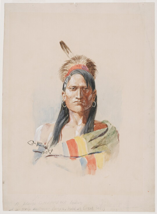 A watercolor portrait of an American Indian man with feathers in his dark hair and a colorful cloth draped over one shoulder and across his chest.