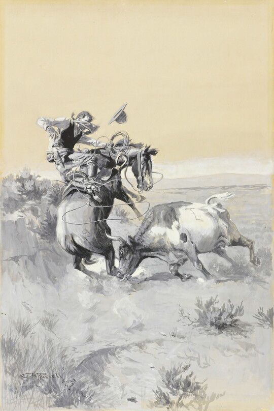 A watercolor painting of a cowboy about to be thrown from his rearing horse as a longhorn cow charges.