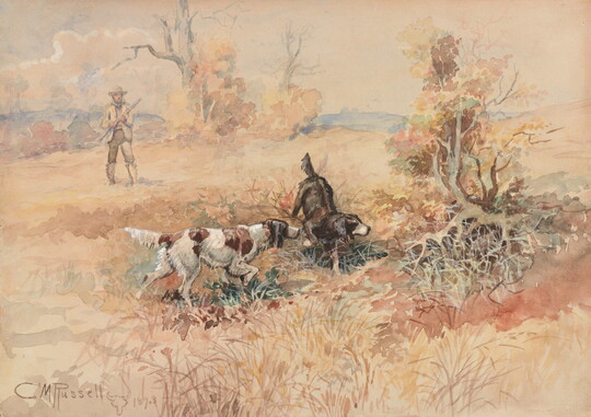 A watercolor of two sporting dogs pointing to some brush in a field while a hunter stands back holding his rifle.