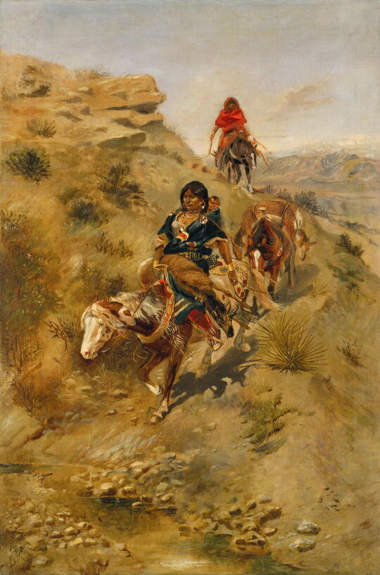 An oil painting of Indigenous women on horseback hauling dead antelope down a hill.