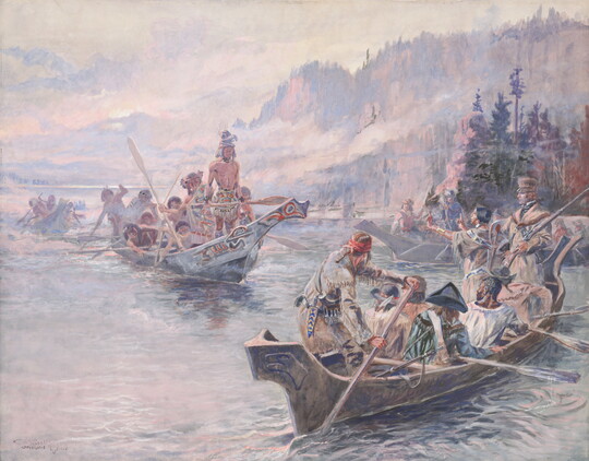 A watercolor of  American Indians and explorers in wood canoes meeting on a calm river.