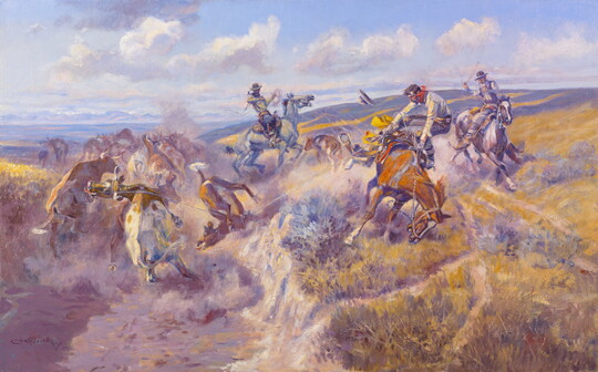An oil painting of cowboys on horseback roping a group of cattle.