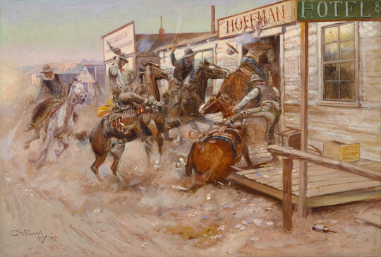 An oil painting of cowboys on horseback firing guns as they bust into a hotel; playing cards, liquor bottles, and dust scatter the dirt road.