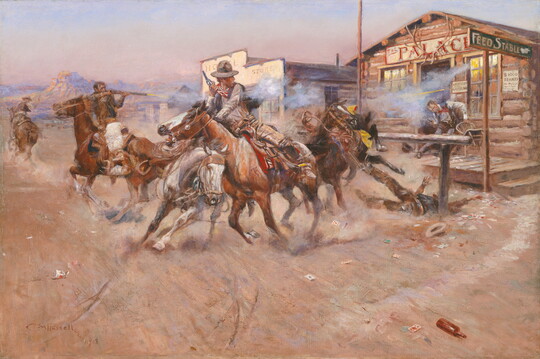 An oil painting of a group of cowboys on horseback shooting at a man at the door of a log building called "The Palace."